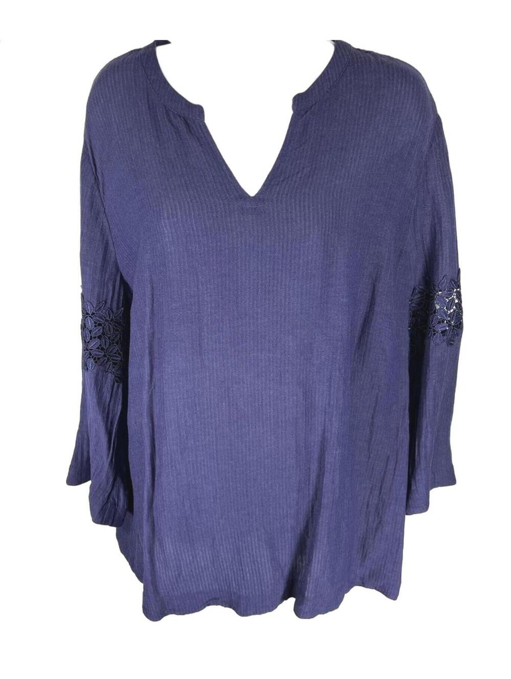 Soft Surroundings Ramie Rayon Embroidered Lace Back Peasant Top Purple Blue XL